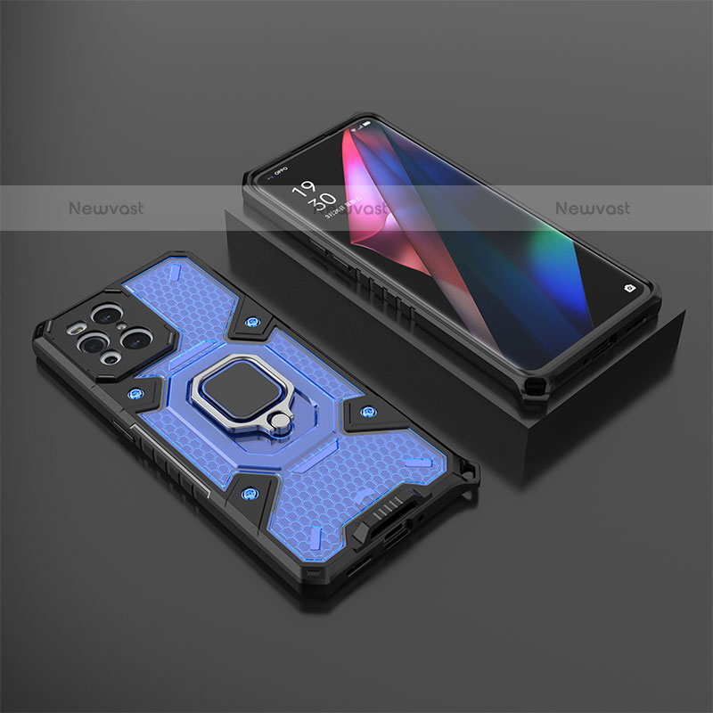 Silicone Matte Finish and Plastic Back Cover Case with Magnetic Finger Ring Stand S07 for Oppo Find X3 Pro 5G