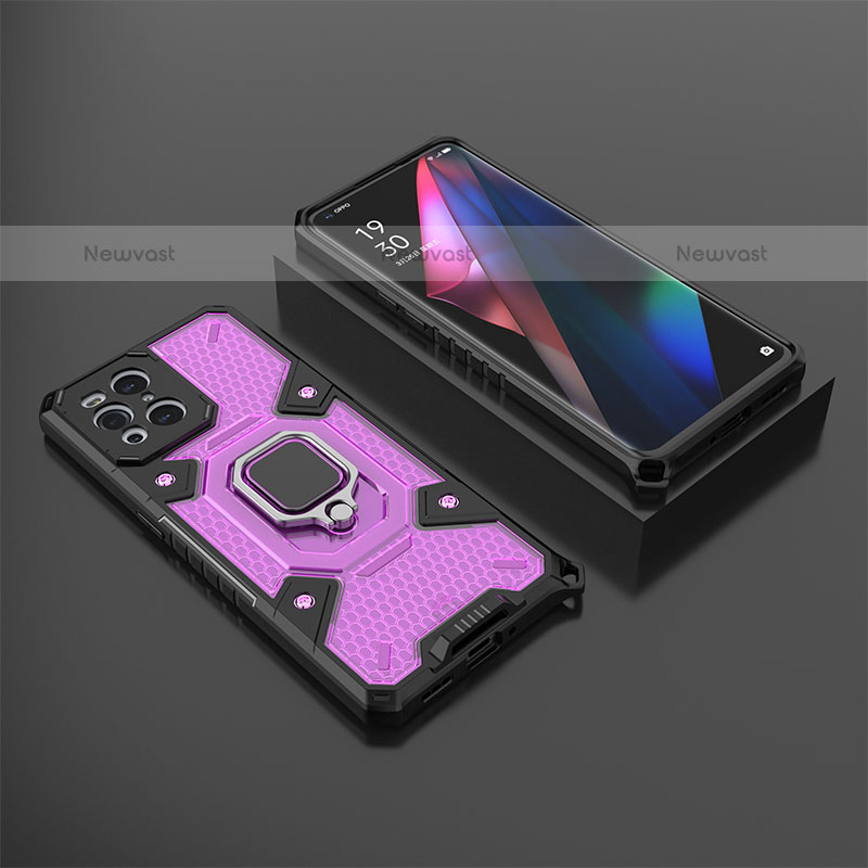 Silicone Matte Finish and Plastic Back Cover Case with Magnetic Finger Ring Stand S07 for Oppo Find X3 Pro 5G Purple