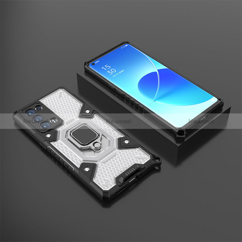 Silicone Matte Finish and Plastic Back Cover Case with Magnetic Finger Ring Stand S07 for Oppo Reno6 Pro 5G