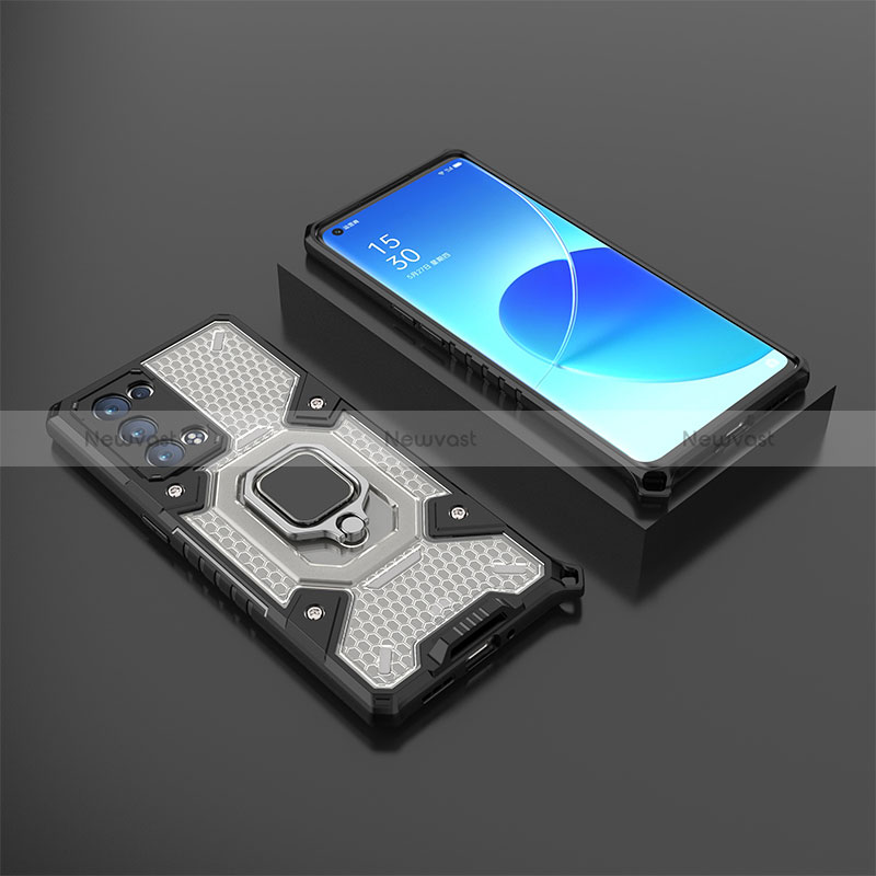 Silicone Matte Finish and Plastic Back Cover Case with Magnetic Finger Ring Stand S07 for Oppo Reno6 Pro 5G