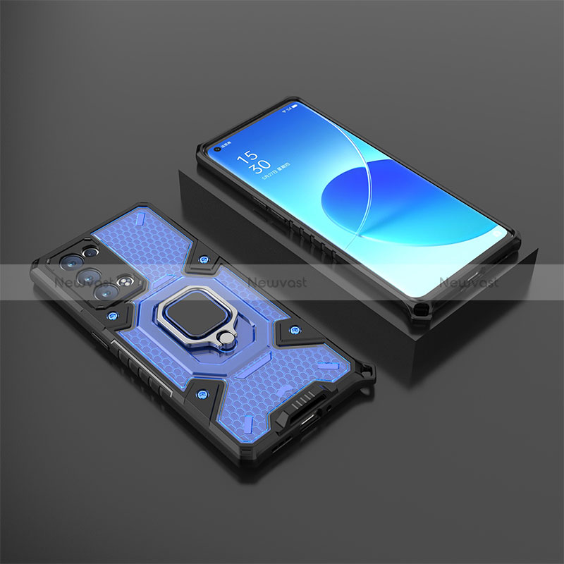 Silicone Matte Finish and Plastic Back Cover Case with Magnetic Finger Ring Stand S07 for Oppo Reno6 Pro 5G Blue