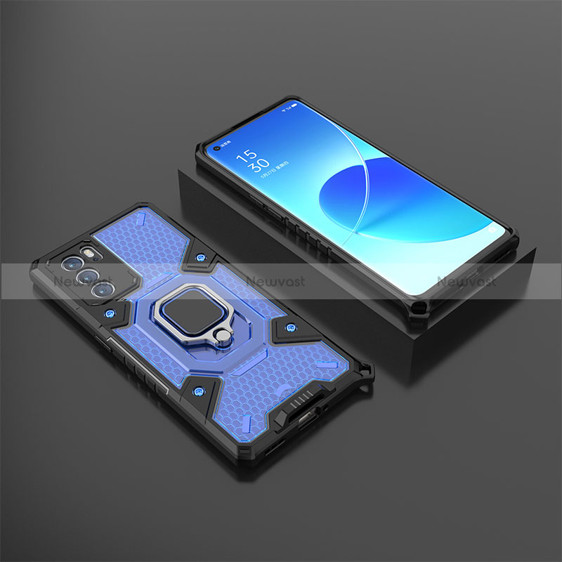 Silicone Matte Finish and Plastic Back Cover Case with Magnetic Finger Ring Stand S07 for Oppo Reno6 Pro 5G India Blue