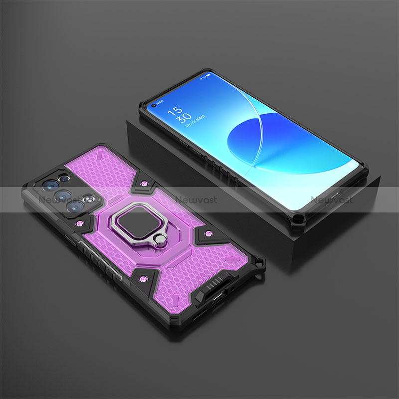 Silicone Matte Finish and Plastic Back Cover Case with Magnetic Finger Ring Stand S07 for Oppo Reno6 Pro 5G Purple