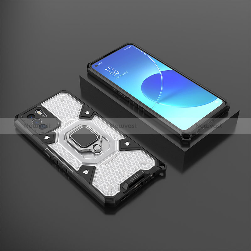 Silicone Matte Finish and Plastic Back Cover Case with Magnetic Finger Ring Stand S07 for Oppo Reno6 Z 5G