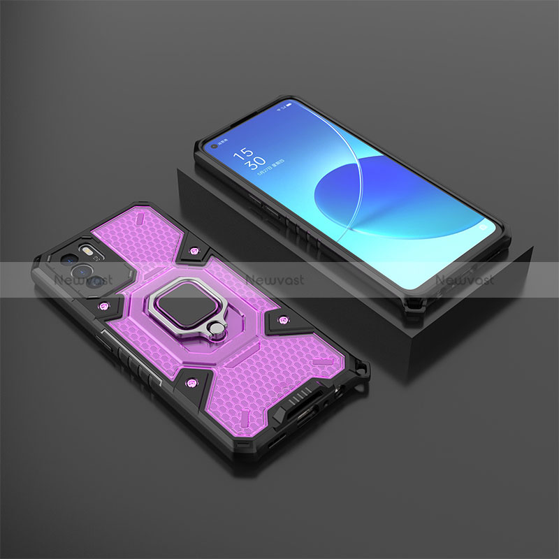 Silicone Matte Finish and Plastic Back Cover Case with Magnetic Finger Ring Stand S07 for Oppo Reno6 Z 5G