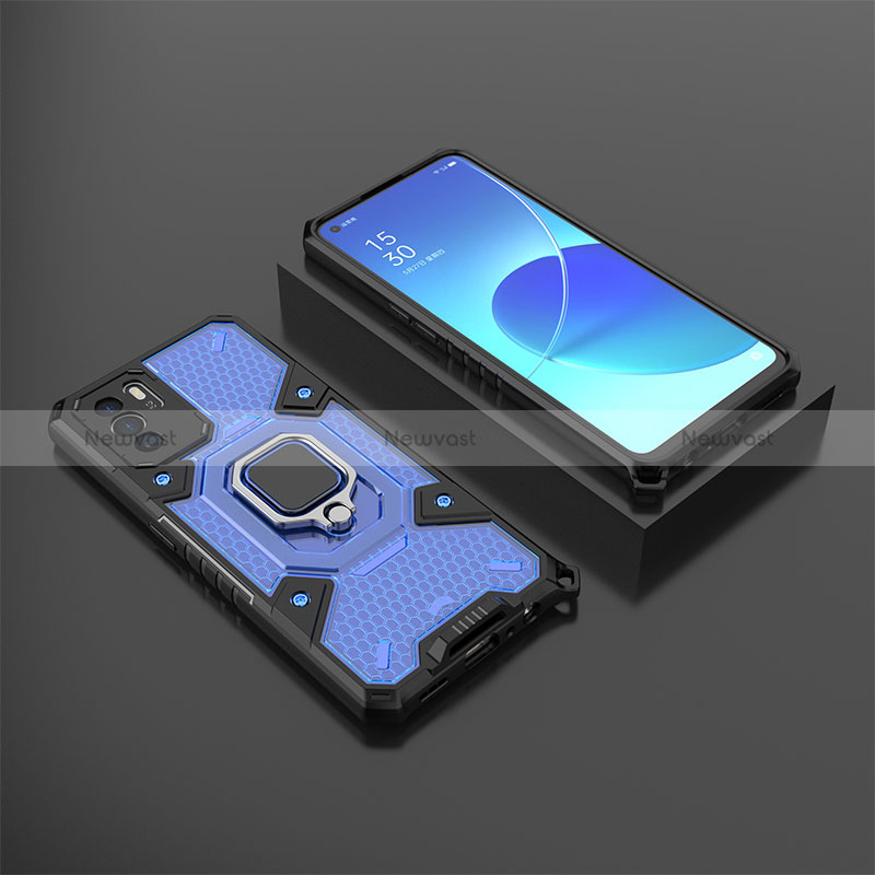 Silicone Matte Finish and Plastic Back Cover Case with Magnetic Finger Ring Stand S07 for Oppo Reno6 Z 5G Blue