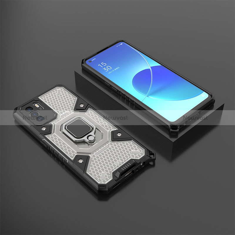 Silicone Matte Finish and Plastic Back Cover Case with Magnetic Finger Ring Stand S07 for Oppo Reno6 Z 5G Gray