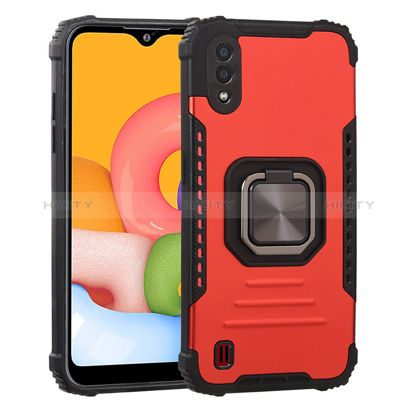 Silicone Matte Finish and Plastic Back Cover Case with Magnetic Finger Ring Stand S07 for Samsung Galaxy A01 SM-A015