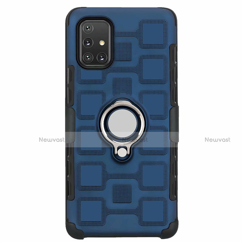 Silicone Matte Finish and Plastic Back Cover Case with Magnetic Finger Ring Stand S07 for Samsung Galaxy A71 5G Blue