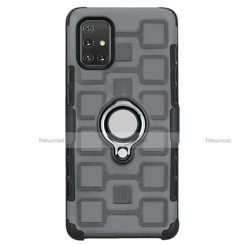 Silicone Matte Finish and Plastic Back Cover Case with Magnetic Finger Ring Stand S07 for Samsung Galaxy A71 5G Gray