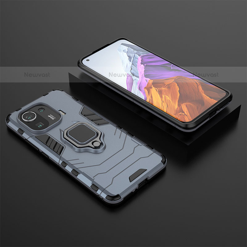 Silicone Matte Finish and Plastic Back Cover Case with Magnetic Finger Ring Stand S07 for Xiaomi Mi 11 Pro 5G