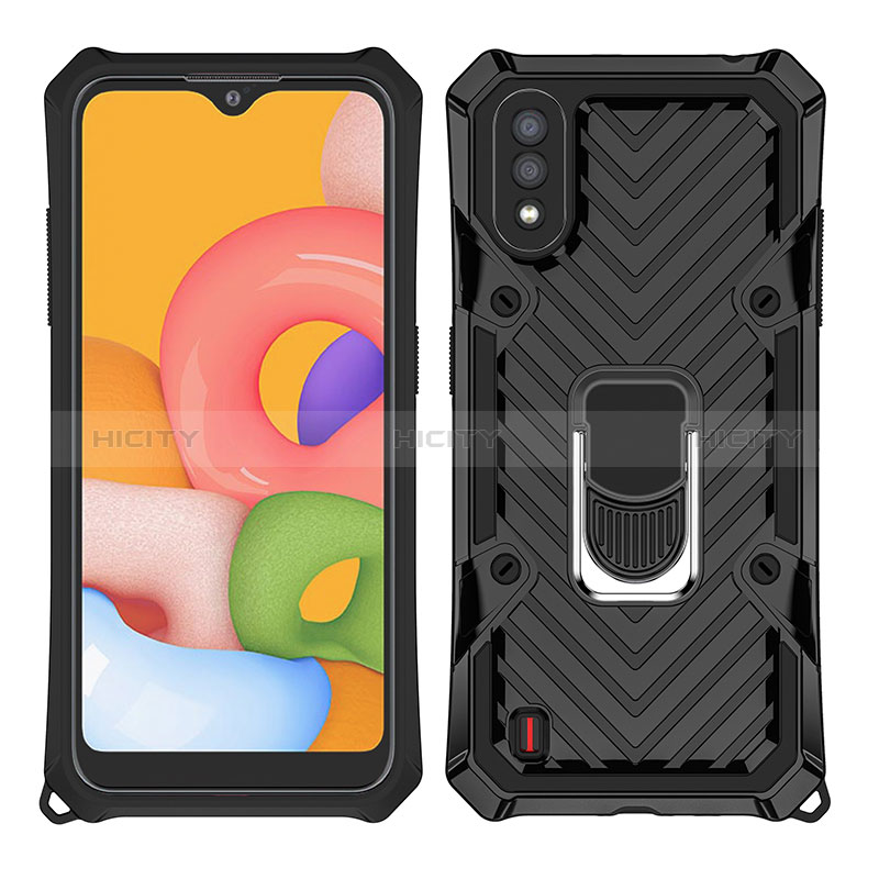 Silicone Matte Finish and Plastic Back Cover Case with Magnetic Finger Ring Stand S08 for Samsung Galaxy A01 SM-A015