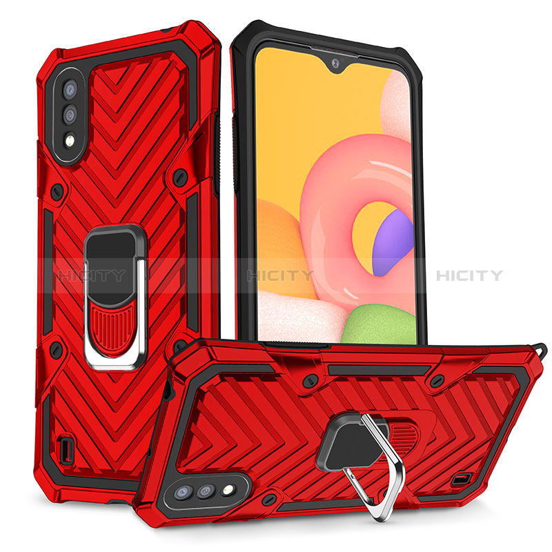 Silicone Matte Finish and Plastic Back Cover Case with Magnetic Finger Ring Stand S08 for Samsung Galaxy A01 SM-A015 Red