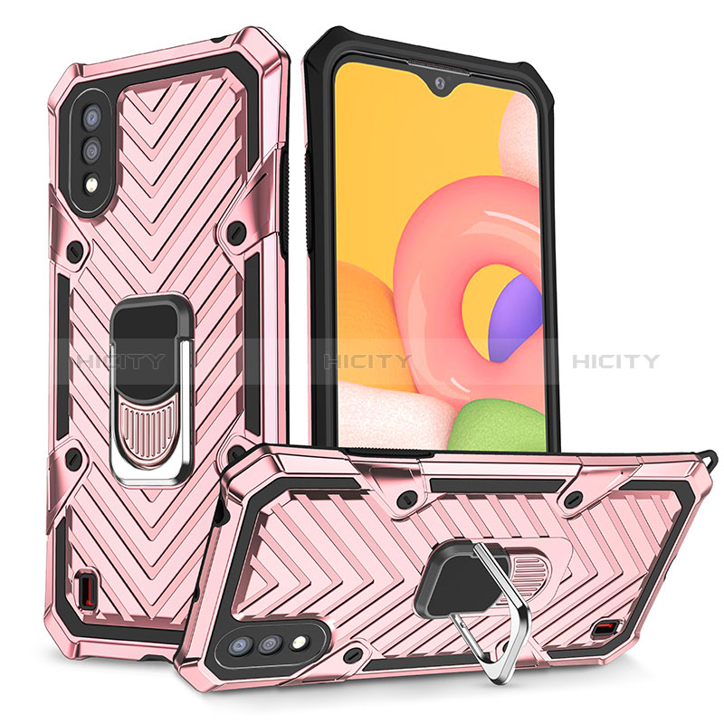Silicone Matte Finish and Plastic Back Cover Case with Magnetic Finger Ring Stand S08 for Samsung Galaxy A01 SM-A015 Rose Gold