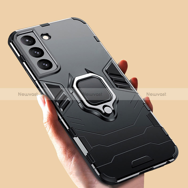 Silicone Matte Finish and Plastic Back Cover Case with Magnetic Finger Ring Stand S08 for Samsung Galaxy S24 Plus 5G