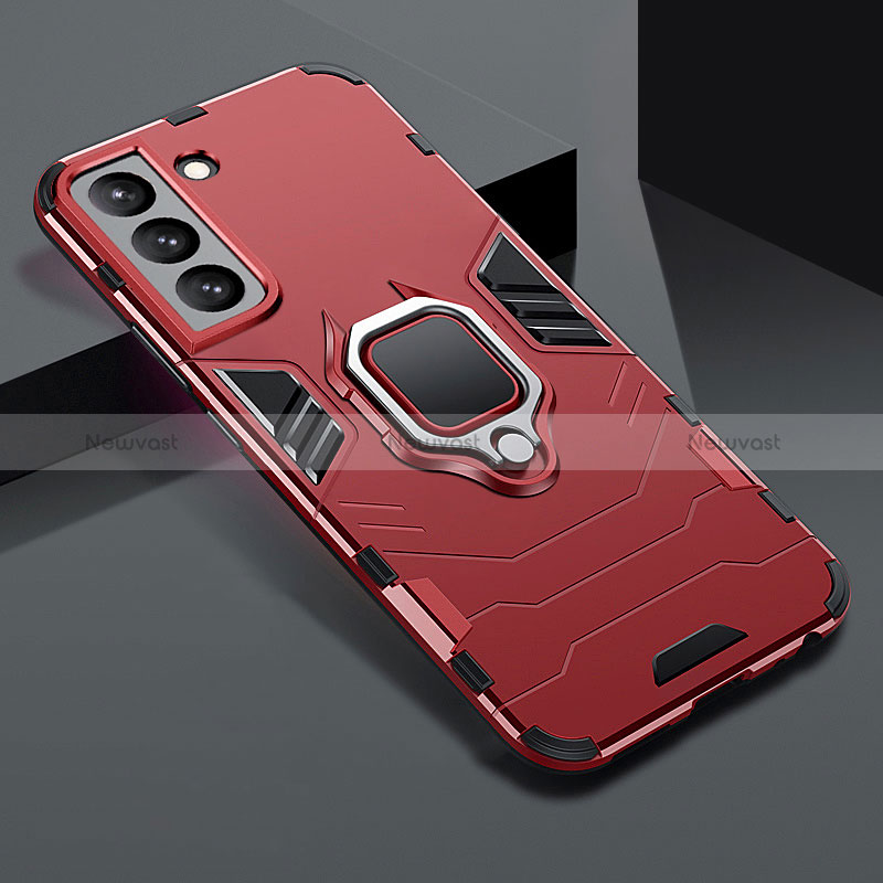 Silicone Matte Finish and Plastic Back Cover Case with Magnetic Finger Ring Stand S08 for Samsung Galaxy S24 Plus 5G Red