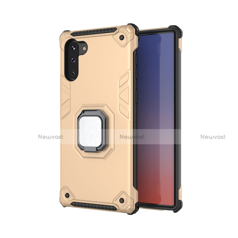 Silicone Matte Finish and Plastic Back Cover Case with Magnetic Finger Ring Stand T01 for Samsung Galaxy Note 10 Gold