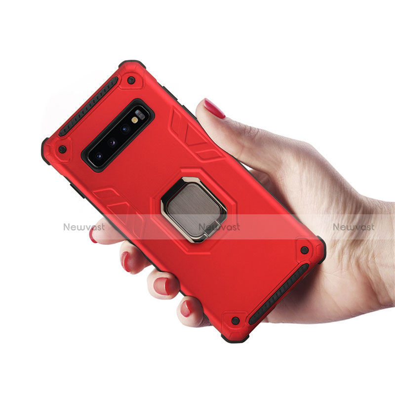 Silicone Matte Finish and Plastic Back Cover Case with Magnetic Finger Ring Stand T01 for Samsung Galaxy S10