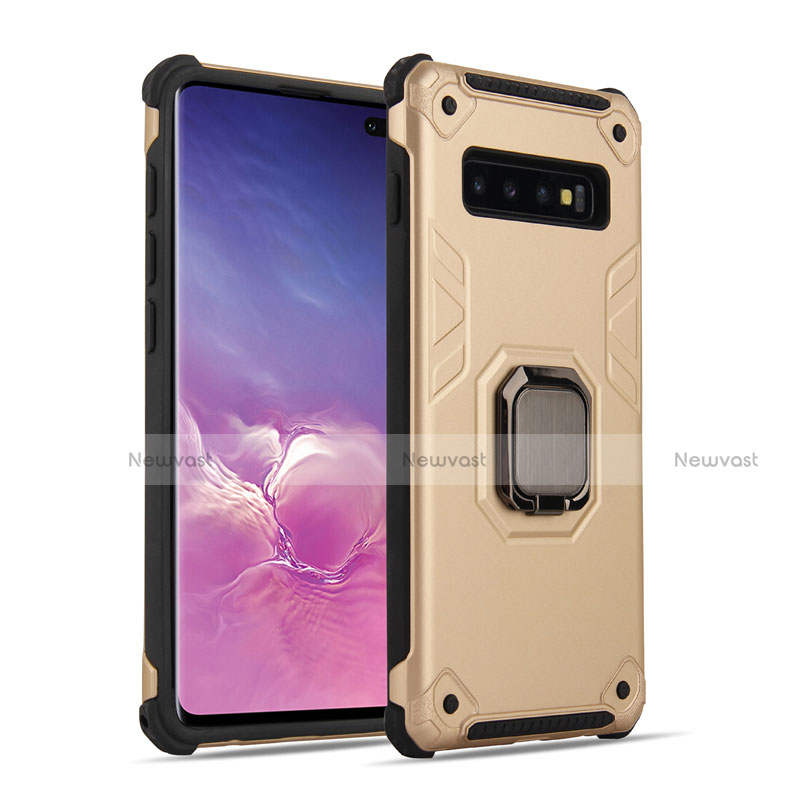 Silicone Matte Finish and Plastic Back Cover Case with Magnetic Finger Ring Stand T01 for Samsung Galaxy S10 5G Gold and Black