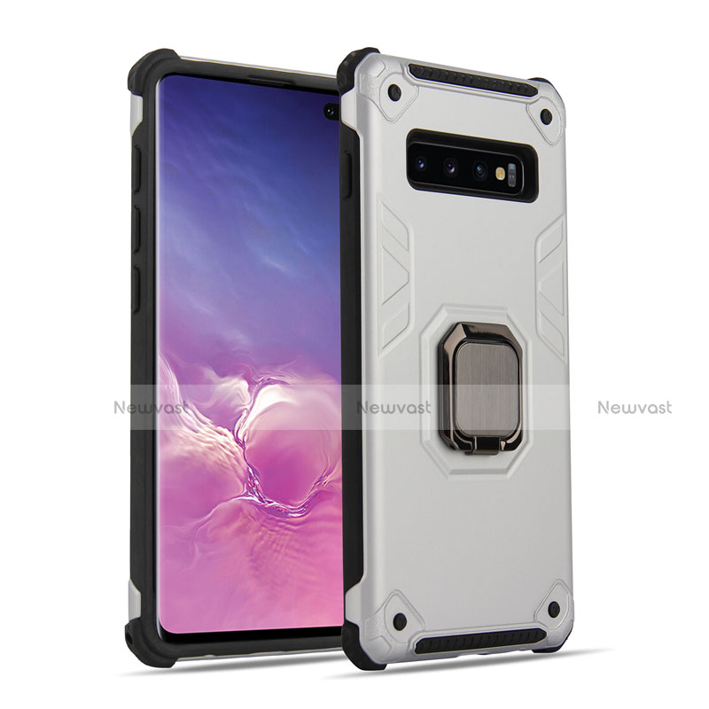 Silicone Matte Finish and Plastic Back Cover Case with Magnetic Finger Ring Stand T01 for Samsung Galaxy S10 5G Silver