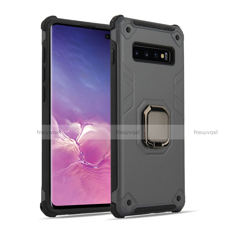 Silicone Matte Finish and Plastic Back Cover Case with Magnetic Finger Ring Stand T01 for Samsung Galaxy S10 Plus