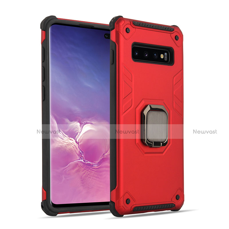 Silicone Matte Finish and Plastic Back Cover Case with Magnetic Finger Ring Stand T01 for Samsung Galaxy S10 Plus