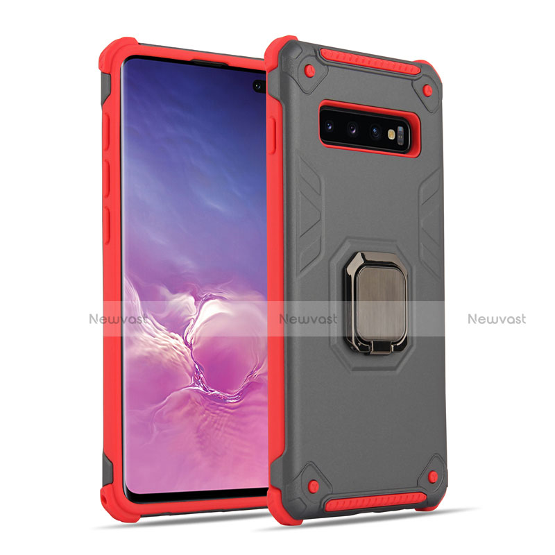 Silicone Matte Finish and Plastic Back Cover Case with Magnetic Finger Ring Stand T01 for Samsung Galaxy S10 Plus Dark Gray