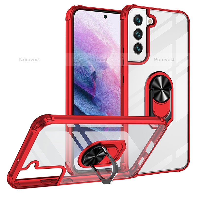 Silicone Matte Finish and Plastic Back Cover Case with Magnetic Finger Ring Stand T01 for Samsung Galaxy S21 Plus 5G Red