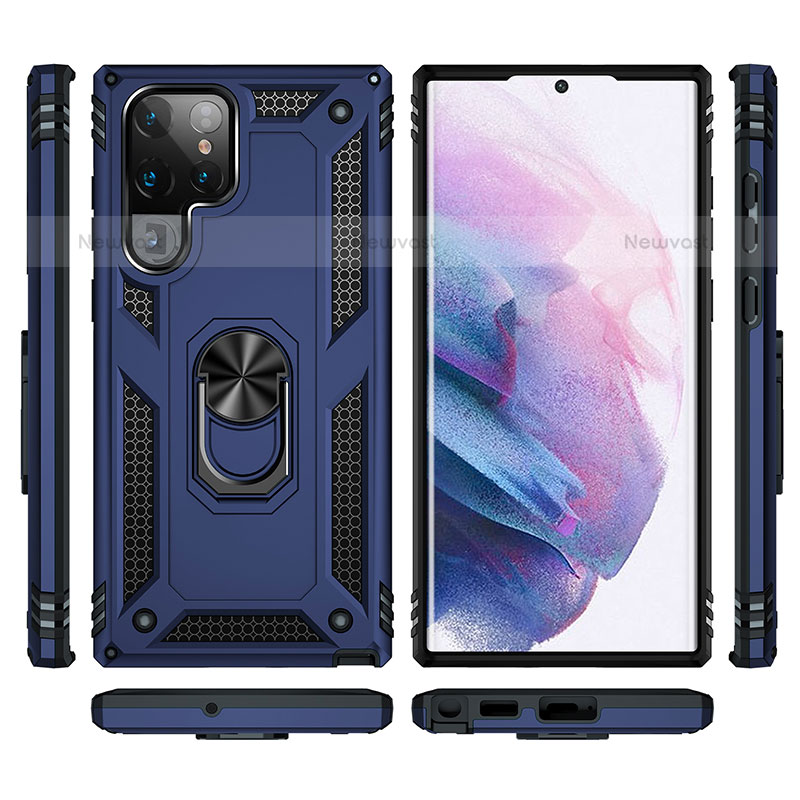 Silicone Matte Finish and Plastic Back Cover Case with Magnetic Finger Ring Stand T02 for Samsung Galaxy S22 Ultra 5G