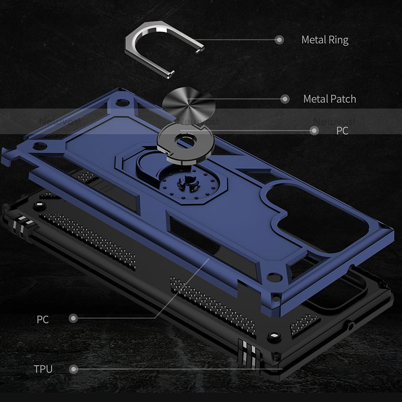 Silicone Matte Finish and Plastic Back Cover Case with Magnetic Finger Ring Stand T02 for Samsung Galaxy S22 Ultra 5G