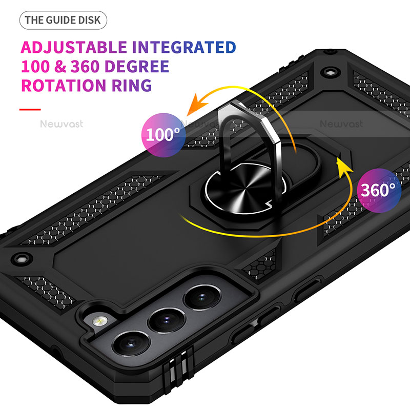 Silicone Matte Finish and Plastic Back Cover Case with Magnetic Finger Ring Stand T03 for Samsung Galaxy S21 Plus 5G