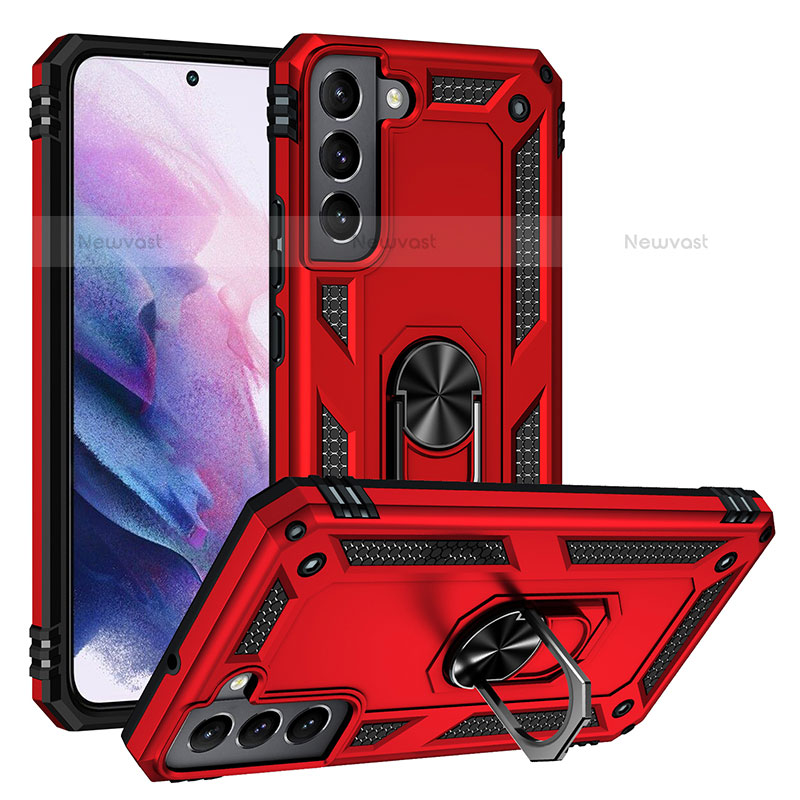 Silicone Matte Finish and Plastic Back Cover Case with Magnetic Finger Ring Stand T03 for Samsung Galaxy S22 5G