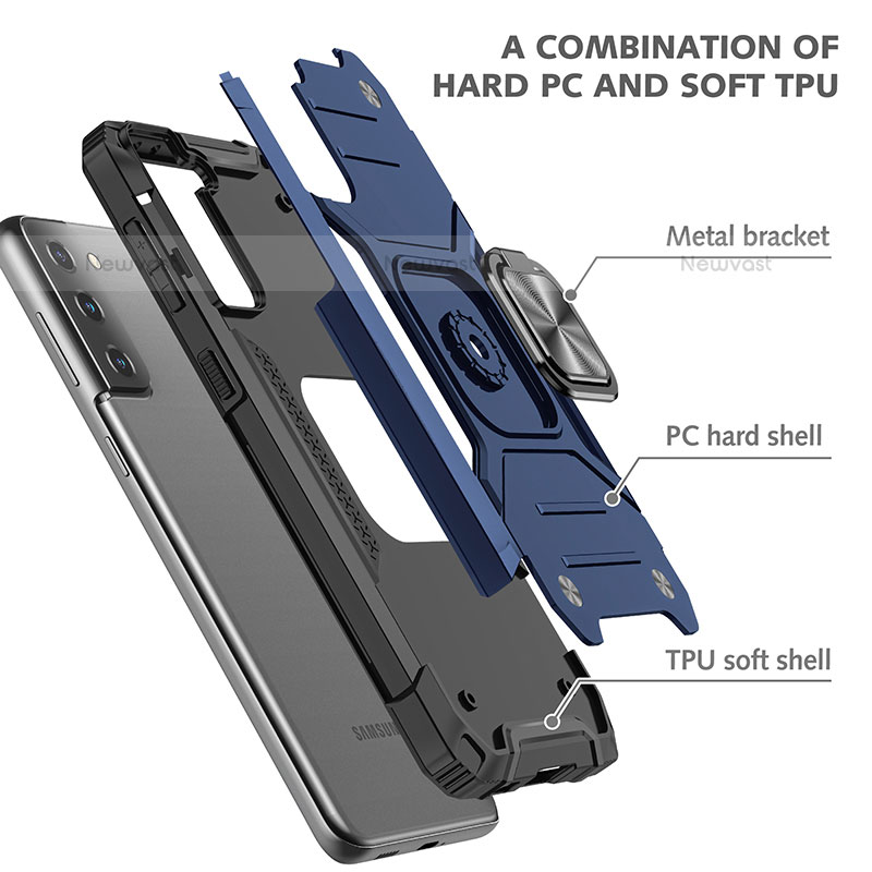 Silicone Matte Finish and Plastic Back Cover Case with Magnetic Finger Ring Stand T05 for Samsung Galaxy S21 Plus 5G