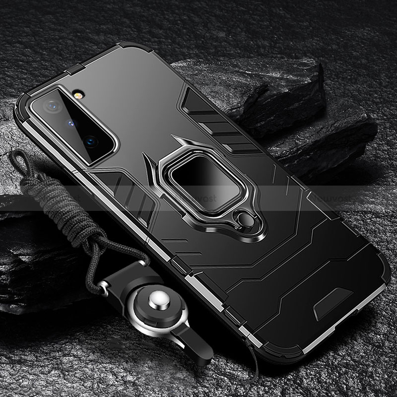 Silicone Matte Finish and Plastic Back Cover Case with Magnetic Finger Ring Stand T06 for Samsung Galaxy S22 Plus 5G Black
