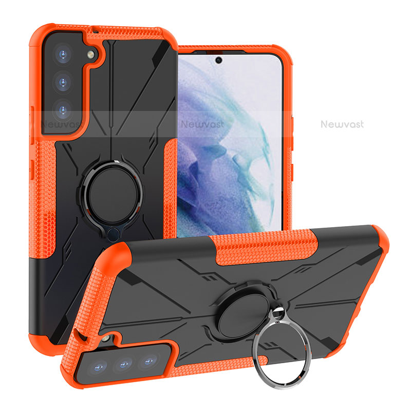Silicone Matte Finish and Plastic Back Cover Case with Magnetic Finger Ring Stand T08 for Samsung Galaxy S21 5G Orange