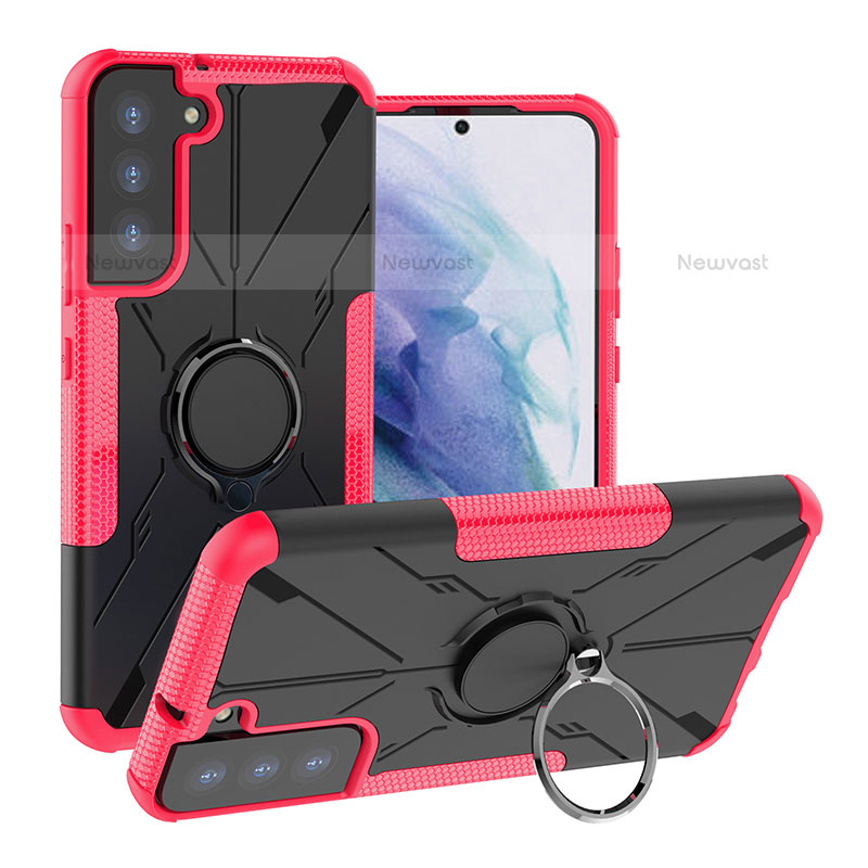 Silicone Matte Finish and Plastic Back Cover Case with Magnetic Finger Ring Stand T08 for Samsung Galaxy S21 FE 5G Hot Pink