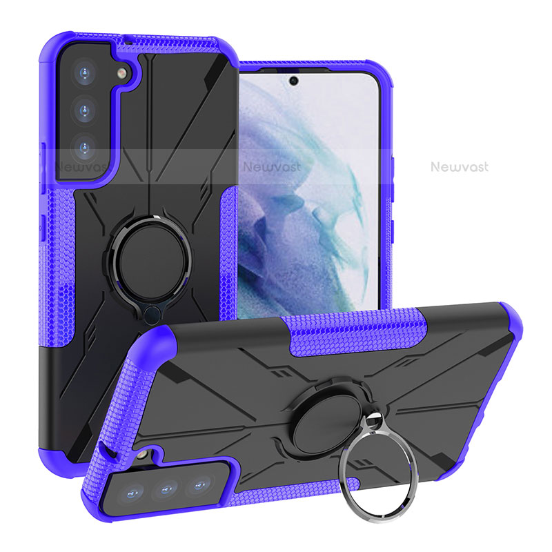 Silicone Matte Finish and Plastic Back Cover Case with Magnetic Finger Ring Stand T08 for Samsung Galaxy S21 FE 5G Purple