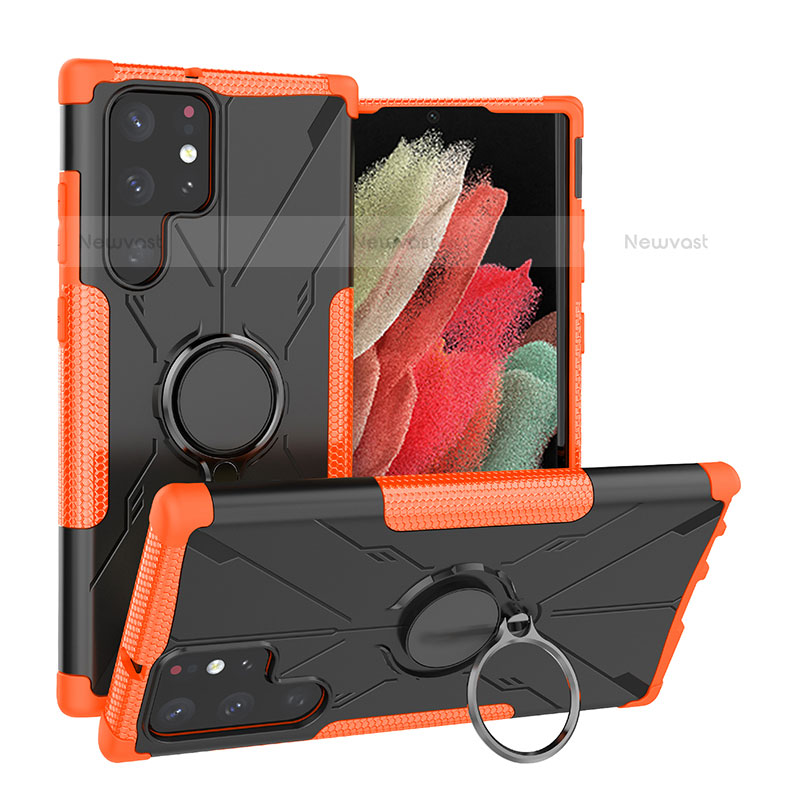 Silicone Matte Finish and Plastic Back Cover Case with Magnetic Finger Ring Stand T08 for Samsung Galaxy S22 Ultra 5G Orange