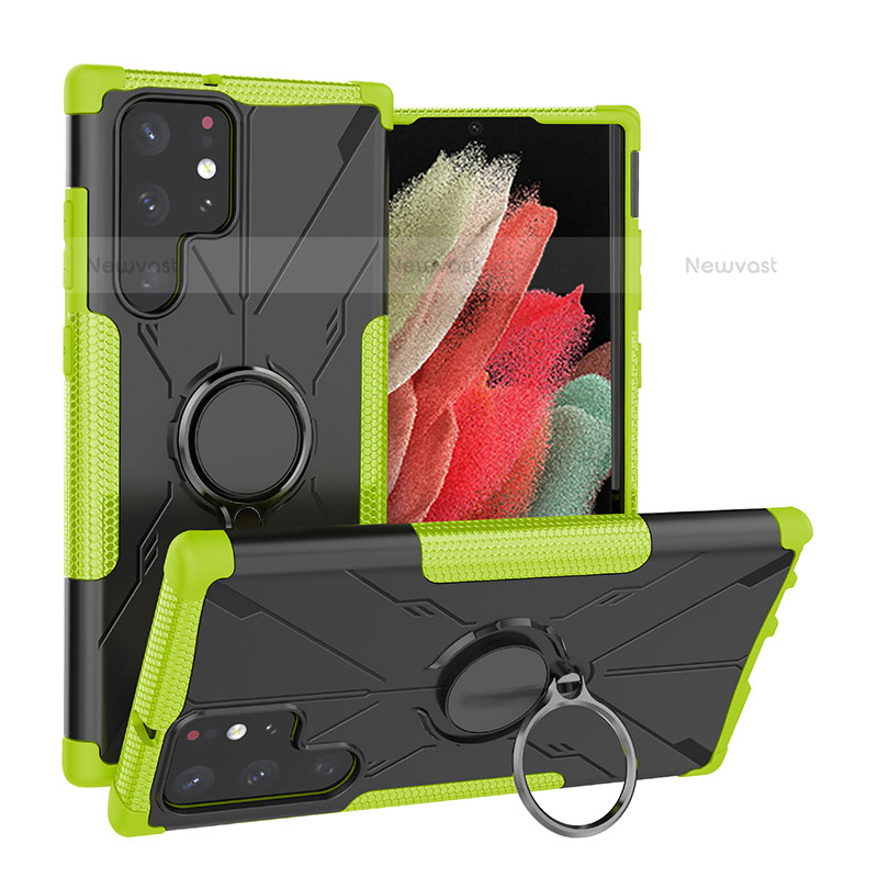 Silicone Matte Finish and Plastic Back Cover Case with Magnetic Finger Ring Stand T08 for Samsung Galaxy S23 Ultra 5G Green