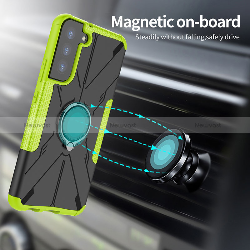 Silicone Matte Finish and Plastic Back Cover Case with Magnetic Finger Ring Stand T08 for Samsung Galaxy S24 5G