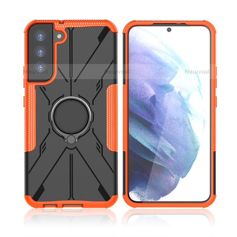 Silicone Matte Finish and Plastic Back Cover Case with Magnetic Finger Ring Stand T09 for Samsung Galaxy S21 FE 5G Orange