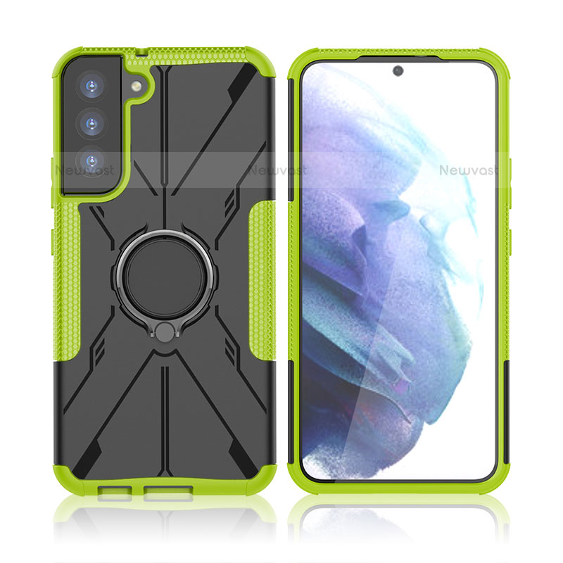 Silicone Matte Finish and Plastic Back Cover Case with Magnetic Finger Ring Stand T09 for Samsung Galaxy S21 Plus 5G Green