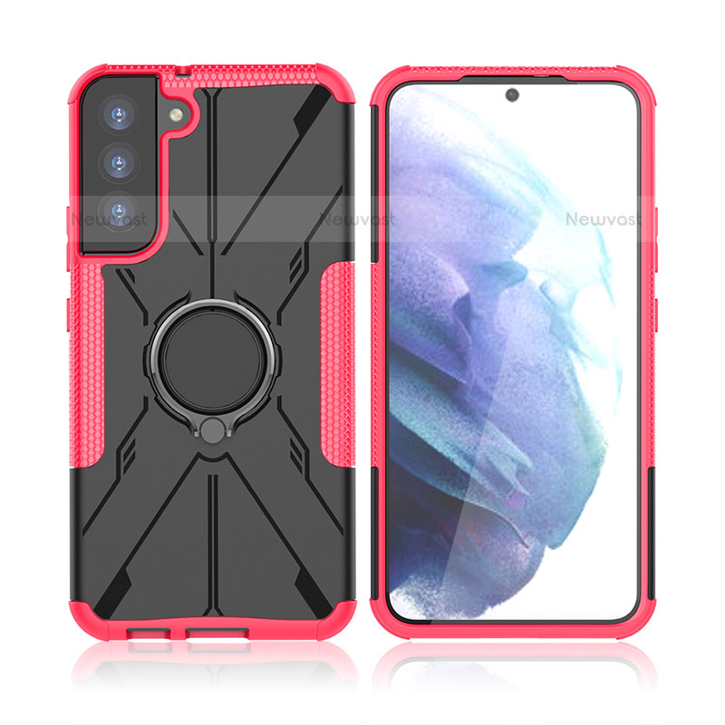 Silicone Matte Finish and Plastic Back Cover Case with Magnetic Finger Ring Stand T09 for Samsung Galaxy S21 Plus 5G Hot Pink