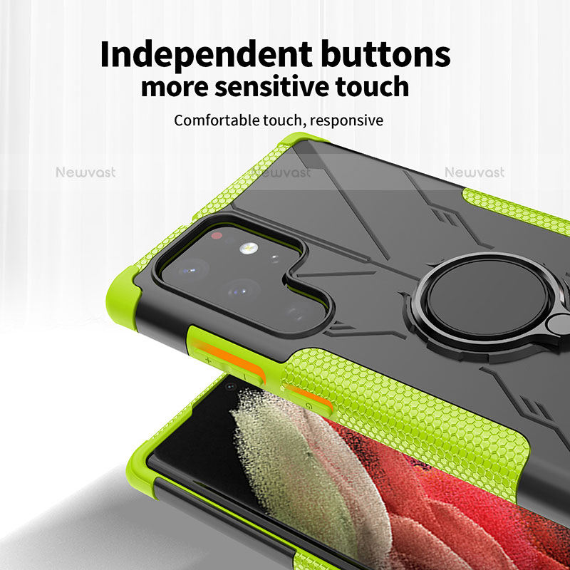 Silicone Matte Finish and Plastic Back Cover Case with Magnetic Finger Ring Stand T09 for Samsung Galaxy S21 Ultra 5G
