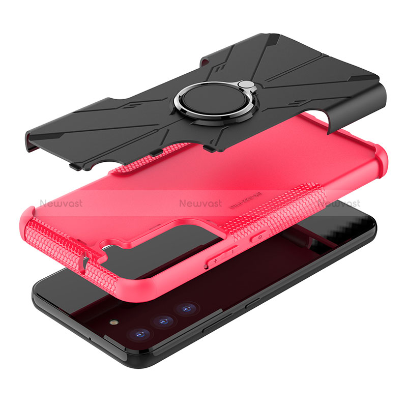 Silicone Matte Finish and Plastic Back Cover Case with Magnetic Finger Ring Stand T09 for Samsung Galaxy S22 Plus 5G