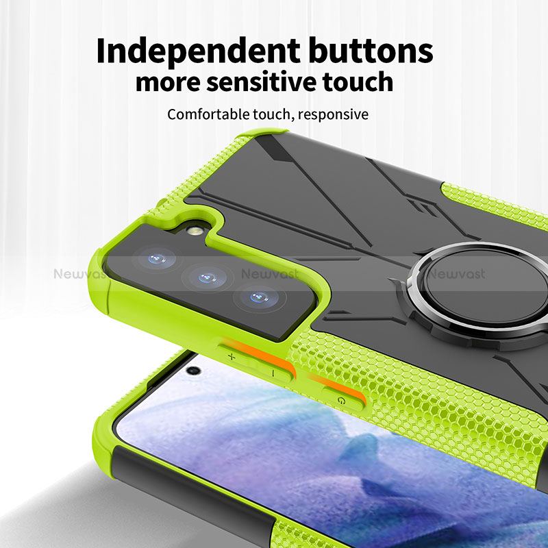 Silicone Matte Finish and Plastic Back Cover Case with Magnetic Finger Ring Stand T09 for Samsung Galaxy S22 Plus 5G