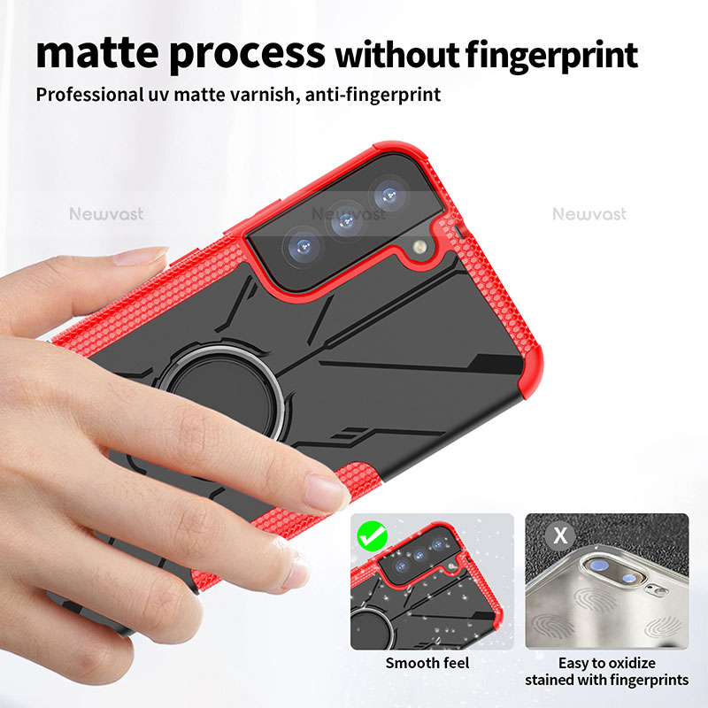 Silicone Matte Finish and Plastic Back Cover Case with Magnetic Finger Ring Stand T09 for Samsung Galaxy S23 5G