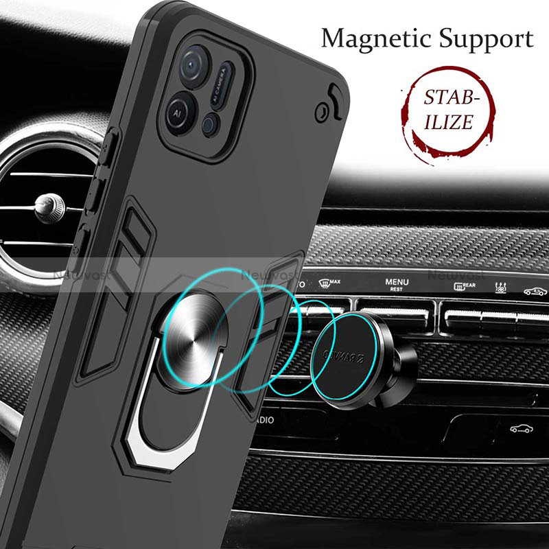 Silicone Matte Finish and Plastic Back Cover Case with Magnetic Finger Ring Stand Y01B for Oppo A16e