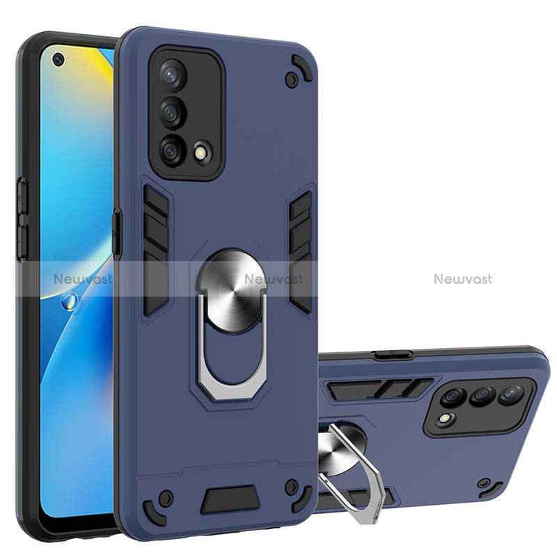 Silicone Matte Finish and Plastic Back Cover Case with Magnetic Finger Ring Stand Y01B for Oppo A95 4G Blue