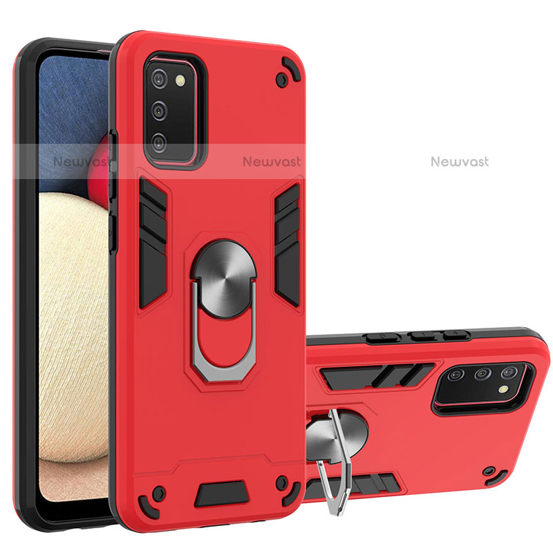 Silicone Matte Finish and Plastic Back Cover Case with Magnetic Finger Ring Stand Y01B for Samsung Galaxy A02s Red